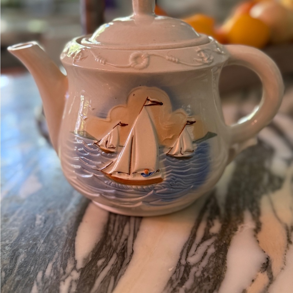 Vintage Porcelier Nautical Cream and Blue  Teapot, collectible